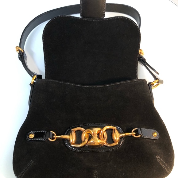 GUCCI Suede Black Handbag with Black Patent Leather Shoulder Strap - Picture 9 of 16